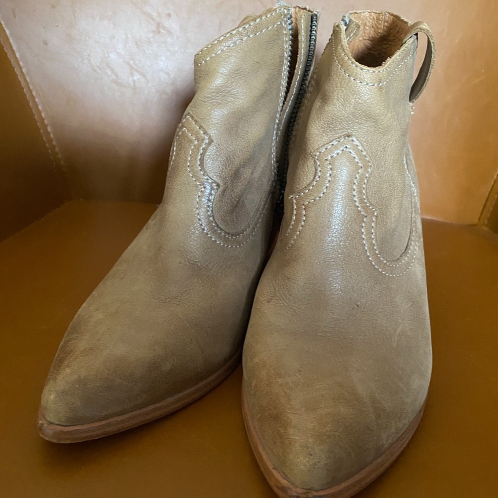 Frye Tan Ankle Booties with Western Stitching